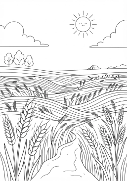 Voir le coloriage Champs de blé ondulant sous la brise estivale