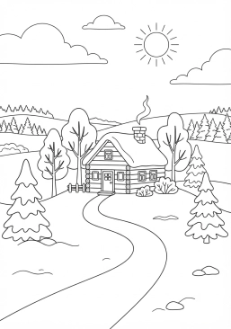 Voir le coloriage Paysage hivernal avec des arbres enneigés et une cabane