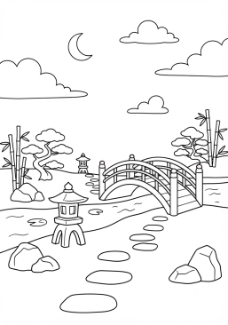 Voir le coloriage Jardin japonais zen avec un pont rouge et des lanternes