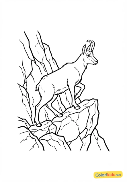 Printable coloring page: agile chamois climbing on a steep cliff