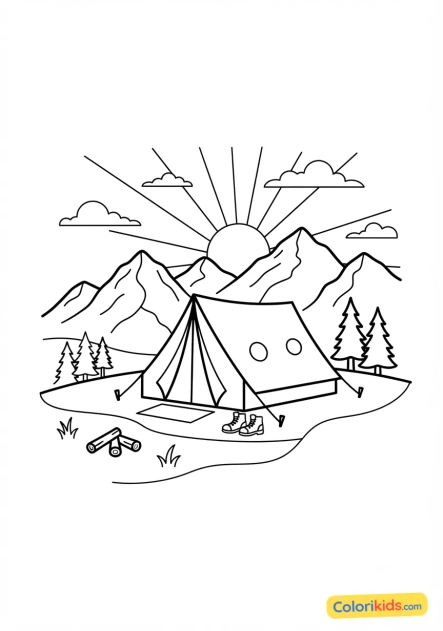 Printable coloring page: camping tent set up at sunset