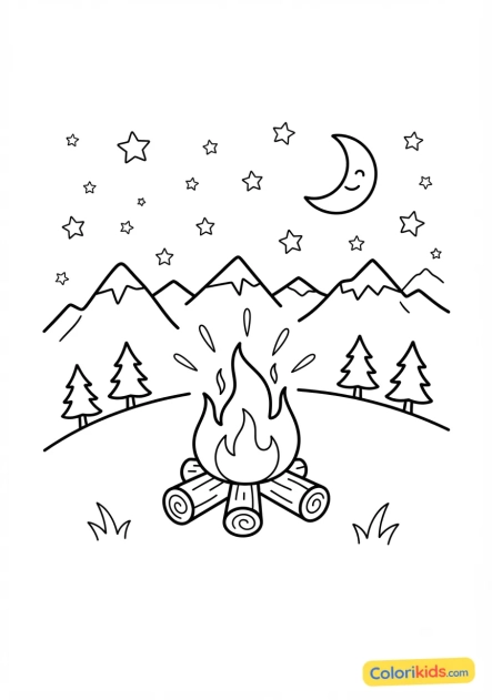 Printable coloring page: cracking campfire under a starry sky in the mountains