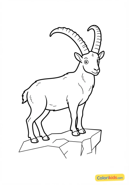 Printable coloring page: curious ibex with long curved horns