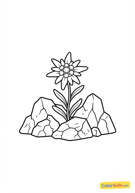Ausmalbild zum Ausdrucken: zarte Edelweißblume, die zwischen Felsen wächst