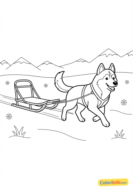 Printable coloring page: enthusiastic Husky dog pulling a sled in the snow