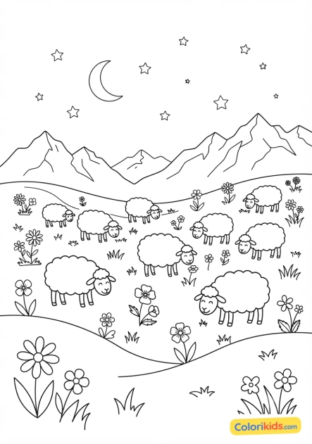 Ausmalbild zum Ausdrucken: herde von Schafen, die auf einer blühenden Alm weiden