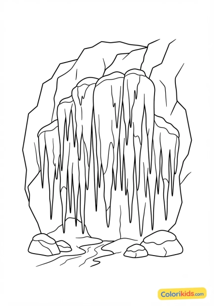 Printable coloring page: frozen waterfall forming magnificent ice stalactites
