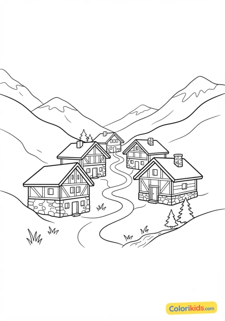 Ausmalbild zum Ausdrucken: weiler mit traditionellen Chalets, eingebettet im Tal