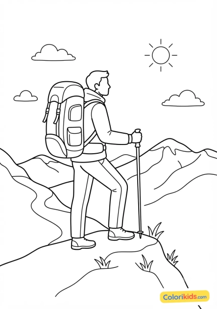 Printable coloring page: hiker with a large backpack looking at the horizon