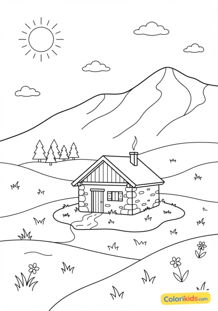 Printable coloring page: isolated shepherd's hut in a green mountain pasture