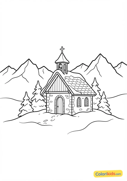 Printable coloring page: isolated small mountain chapel in the snow