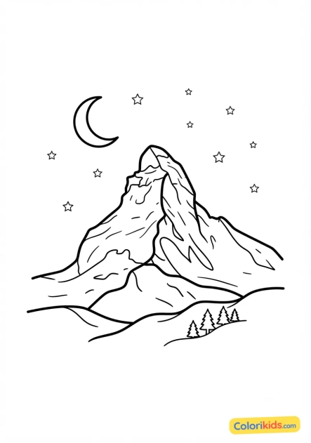 Ausmalbild zum Ausdrucken: majastätischer schneebedeckter Gipfel unter einem Sternenhimmel