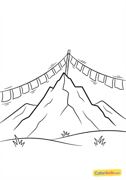 Printable coloring page: mountain peak with Tibetan prayer flags