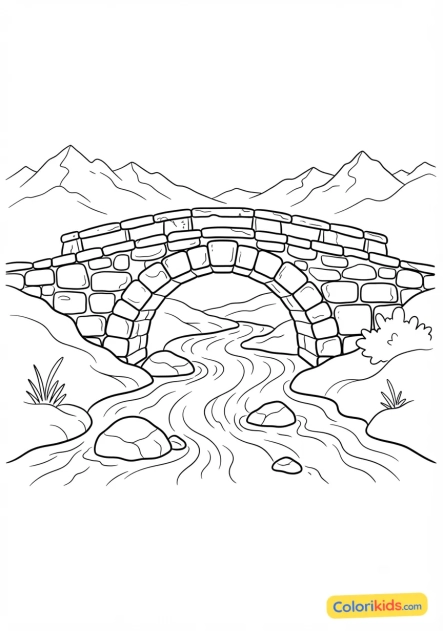 Printable coloring page: old stone bridge spanning a mountain river