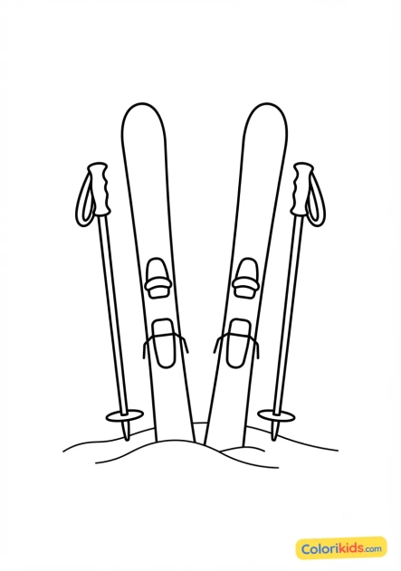 Ausmalbild zum Ausdrucken: paar Ski und Stöcke im Schnee steckend