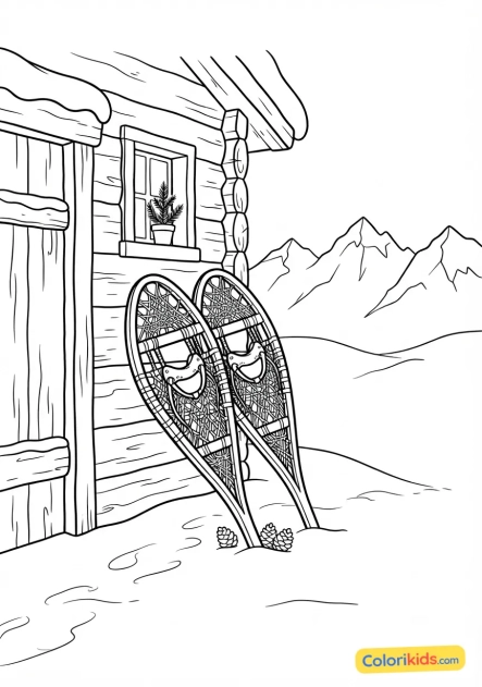 Printable coloring page: pair of snowshoes leaned against a chalet