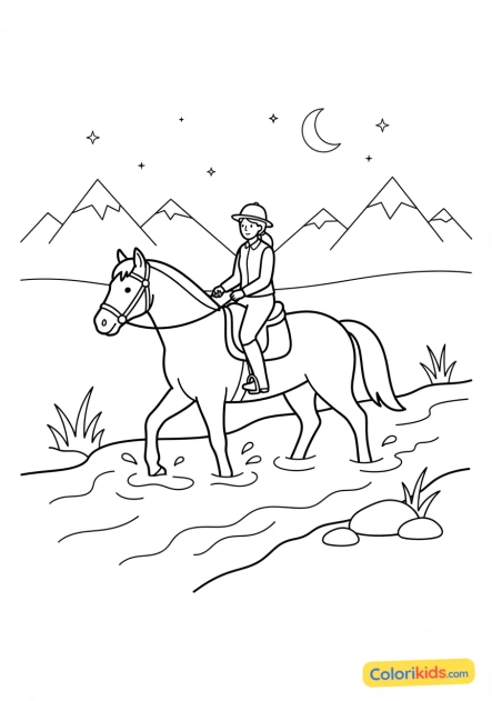 Printable coloring page: rider and his horse crossing an alpine stream