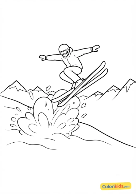 Printable coloring page: skier performing a bold jump in the powder snow