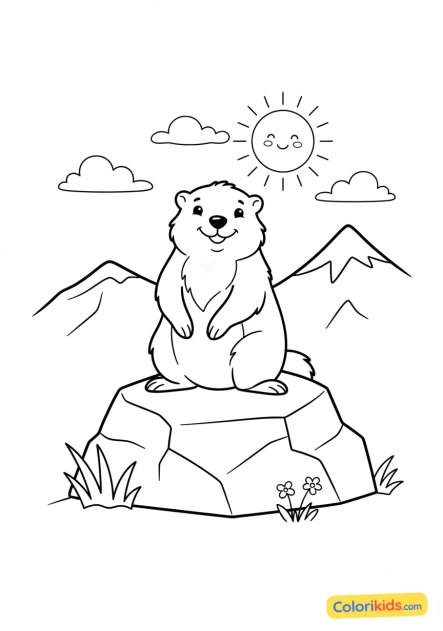 Printable coloring page: smiling marmot on a sunny rock