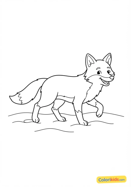 Printable coloring page: smiling red fox walking on the snow