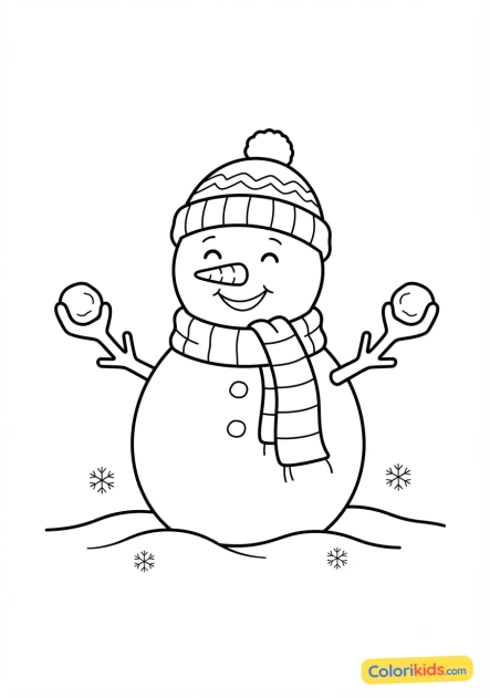 Ausmalbild zum Ausdrucken: lächeln der Schneemann mit Schal und Mütze