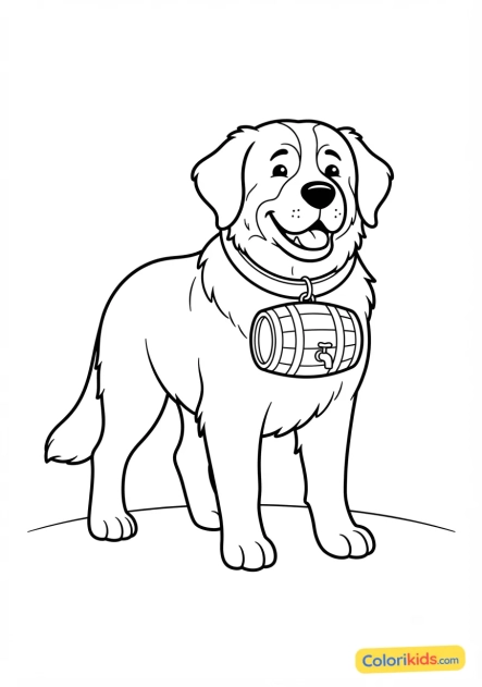 Printable coloring page: smiling St. Bernard with its barrel around its neck