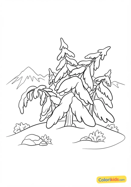 Printable coloring page: snow-covered fir trees bending under the weight of powder snow