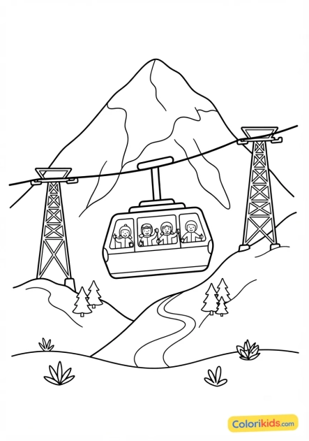 Printable coloring page: suspended cable car carrying skiers