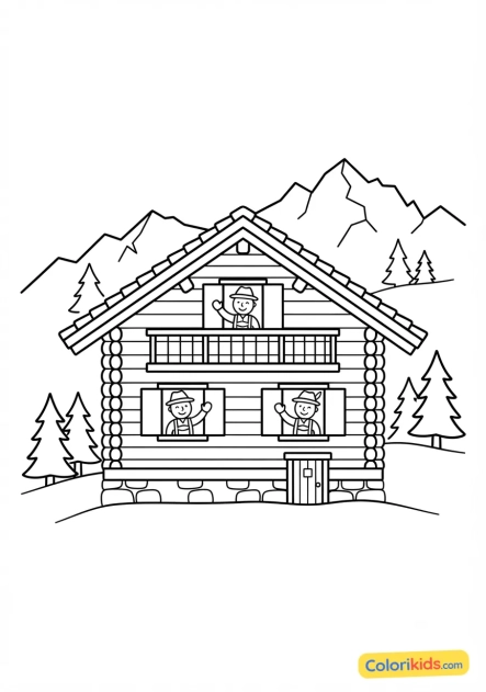 Printable coloring page: traditional wooden alpine chalet with flower boxes at the windows