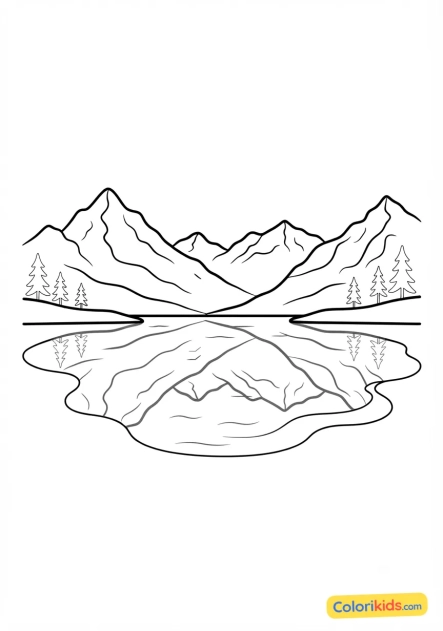 Ausmalbild zum Ausdrucken: türkisfarbener Bergsee, der die Gipfel widerspiegelt