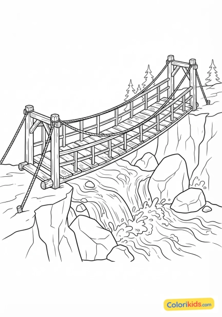 Printable coloring page: wooden bridge suspended above a mountain torrent