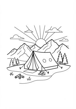 Voir le coloriage Tente de camping installée au coucher du soleil