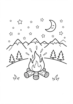 Voir le coloriage Feu de camp crépitant sous un ciel étoilé en montagne