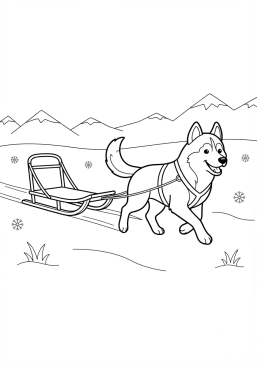Voir le coloriage Chien Husky enthousiaste tirant un traîneau dans la neige