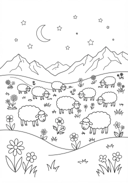 Voir le coloriage Troupeau de moutons paissant dans un alpage fleuri