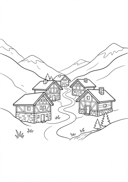 Voir le coloriage Hameau de chalets traditionnels blottis dans la vallée