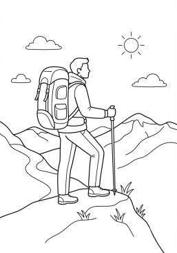 Voir le coloriage Randonneur avec un grand sac à dos regardant l'horizon
