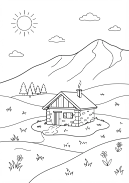 Voir le coloriage Cabane de berger isolée dans un alpage verdoyant