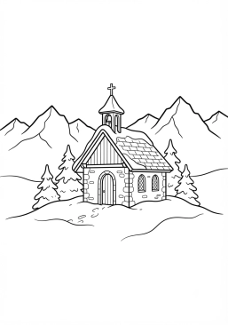 Voir le coloriage Petite chapelle de montagne isolée dans la neige