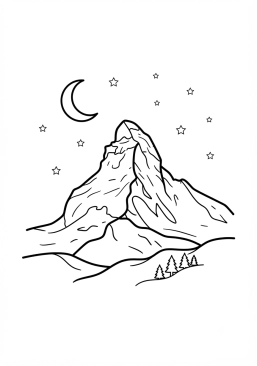 Voir le coloriage Majestueux sommet enneigé sous un ciel étoilé