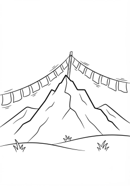 Voir le coloriage Sommet montagneux avec les drapeaux de prière tibétains