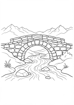 Voir le coloriage Vieux pont de pierre enjambant une rivière de montagne