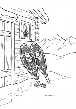 Voir le coloriage Paire de raquettes à neige posées contre un chalet