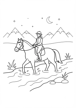 Voir le coloriage Cavalier et son cheval traversant un ruisseau alpin
