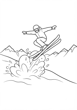 Voir le coloriage Skieur effectuant un saut audacieux dans la poudreuse