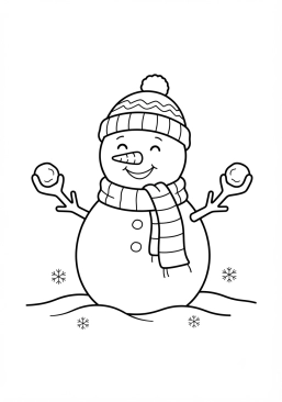 Voir le coloriage Bonhomme de neige souriant avec une écharpe et un bonnet