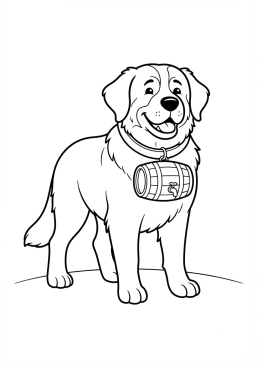 Voir le coloriage Saint-Bernard souriant avec son tonneau autour du cou