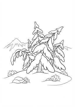 Voir le coloriage Sapins enneigés pliant sous le poids de la poudreuse