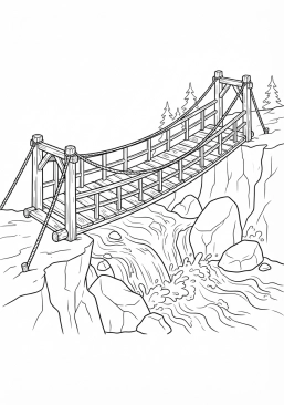 Voir le coloriage Pont en bois suspendu au-dessus d'un torrent de montagne