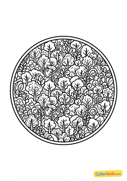 Coloriage à imprimer : planète forestière avec végétation dense
